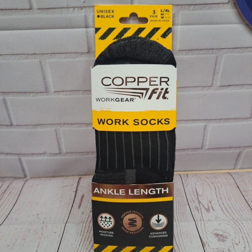 3 Pair Copper Fit Ankle Length Work Socks Size L/XL (M 9-12 W 10-13) Black Socks